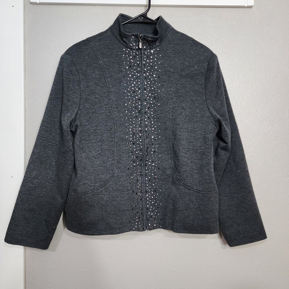 Alfred Dunner Sz 12 Pettie Dark Gray Embellished Long Sleeve Jacket Mature Cozy